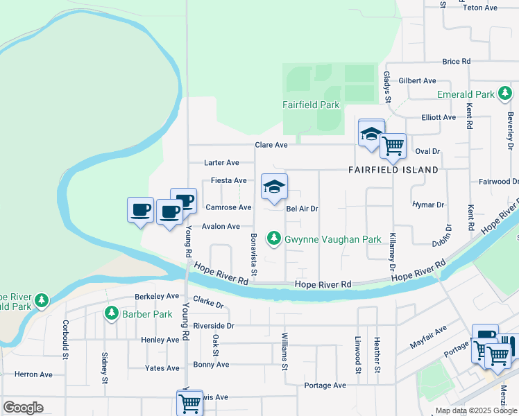 map of restaurants, bars, coffee shops, grocery stores, and more near 10098 Bonavista Street in Chilliwack