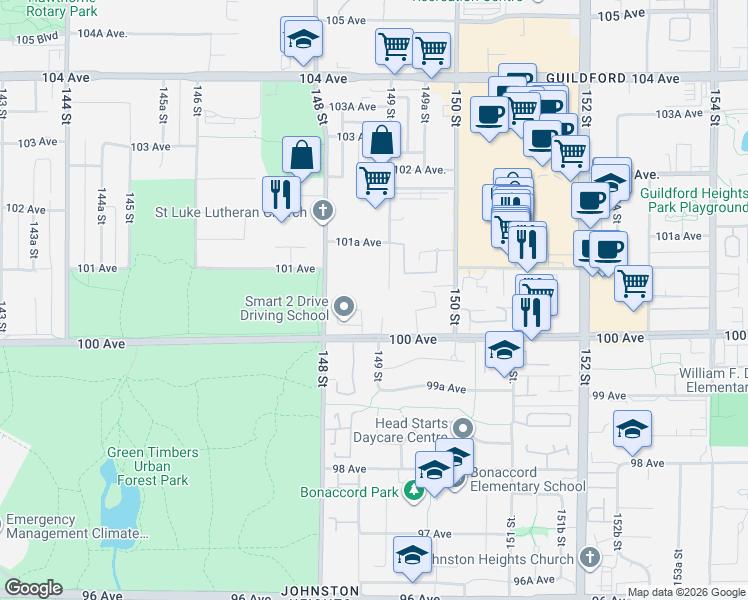 map of restaurants, bars, coffee shops, grocery stores, and more near 10054 149 Street in Surrey