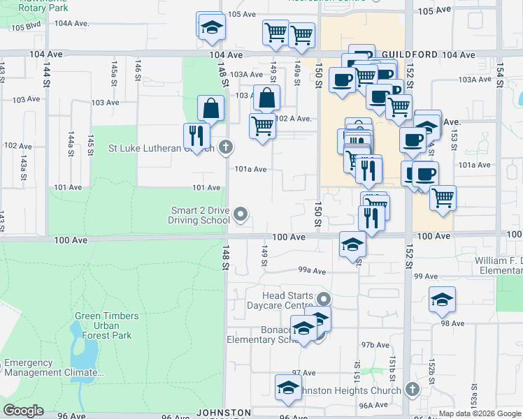 map of restaurants, bars, coffee shops, grocery stores, and more near 10088 148 Street in Surrey