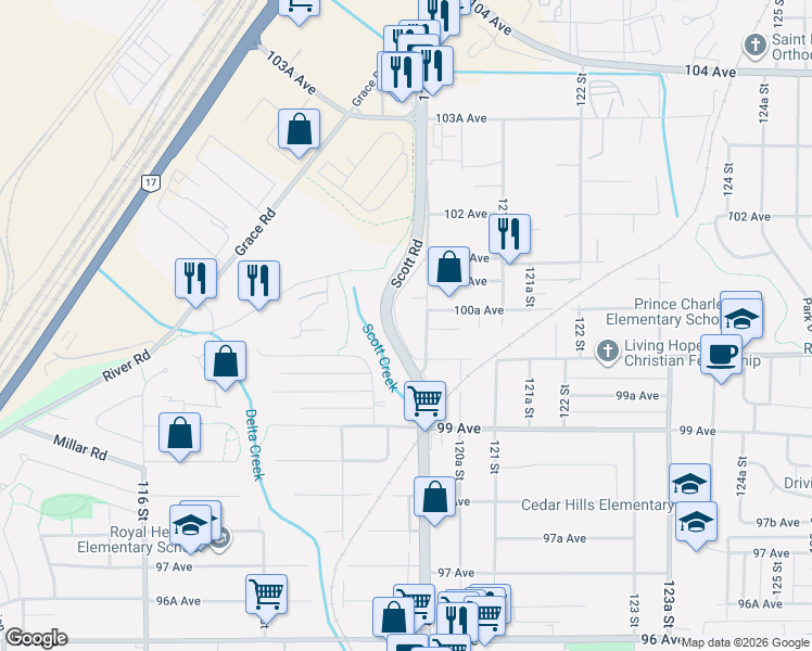map of restaurants, bars, coffee shops, grocery stores, and more near 10027 120 Street in Surrey