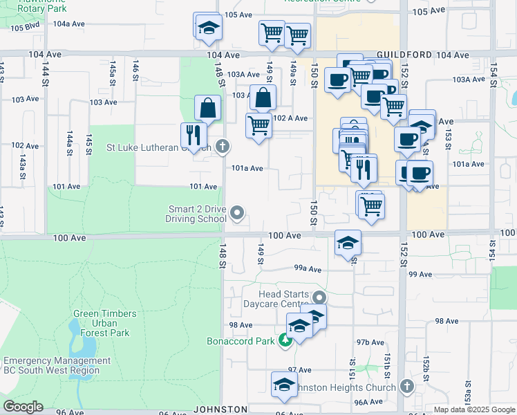 map of restaurants, bars, coffee shops, grocery stores, and more near 10088 148 Street in Surrey