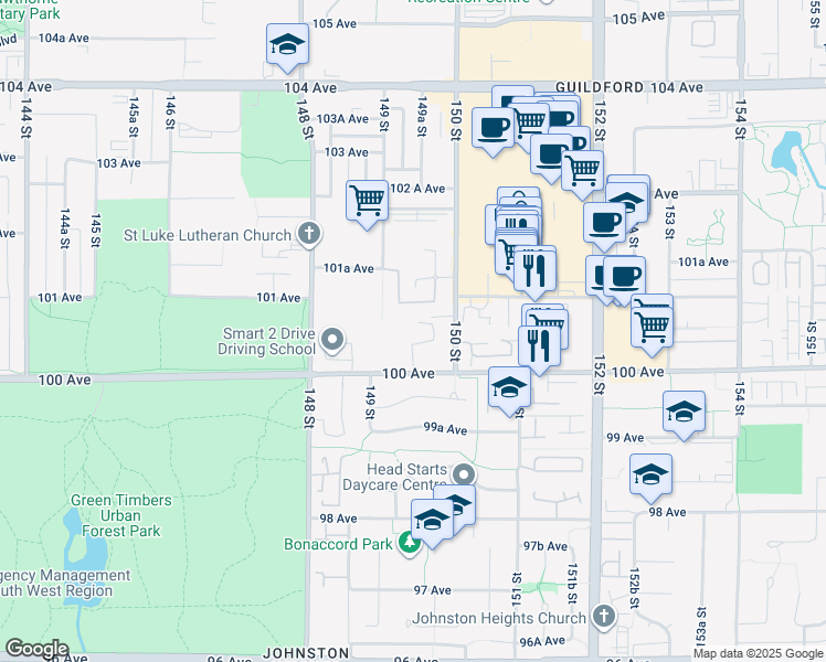 map of restaurants, bars, coffee shops, grocery stores, and more near 14945 100 Avenue in Surrey