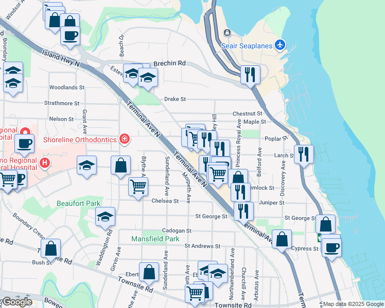 map of restaurants, bars, coffee shops, grocery stores, and more near 1533 Estevan Road in Nanaimo