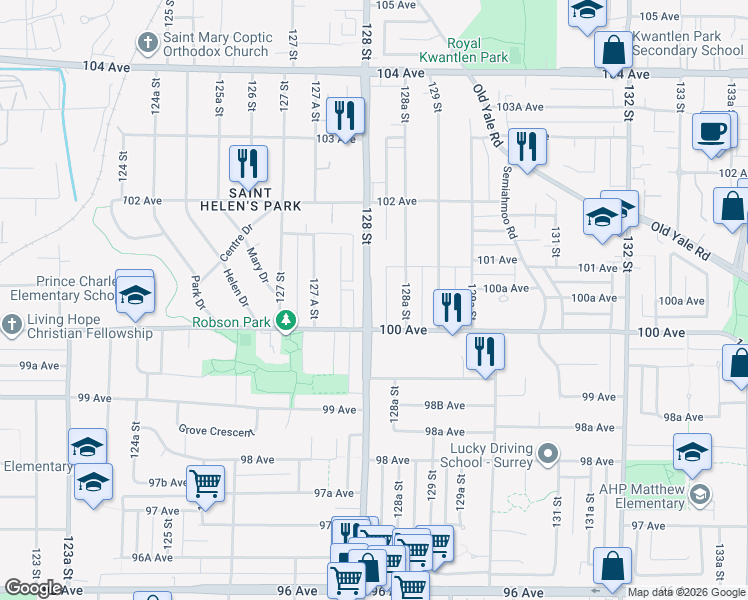 map of restaurants, bars, coffee shops, grocery stores, and more near 10040 128 Street in Surrey