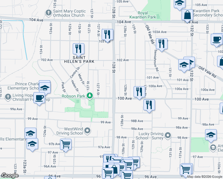 map of restaurants, bars, coffee shops, grocery stores, and more near 10039 128 Street in Surrey