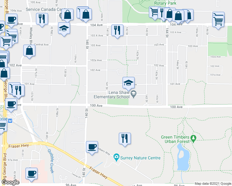 map of restaurants, bars, coffee shops, grocery stores, and more near 14149 100A Avenue in Surrey