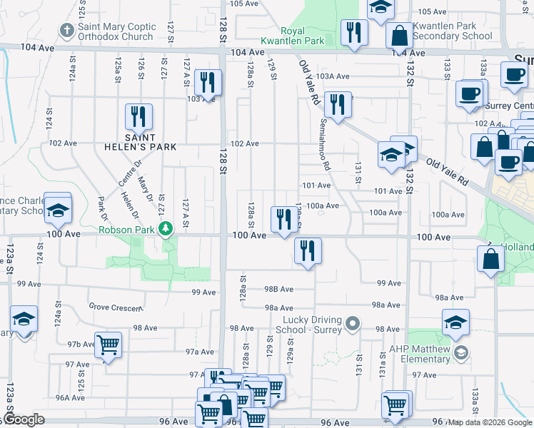 map of restaurants, bars, coffee shops, grocery stores, and more near 10047 129 Street in Surrey