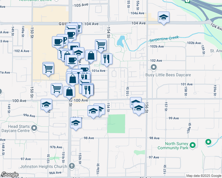 map of restaurants, bars, coffee shops, grocery stores, and more near in Surrey