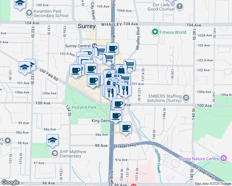 map of restaurants, bars, coffee shops, grocery stores, and more near 10070 King George Boulevard in Surrey