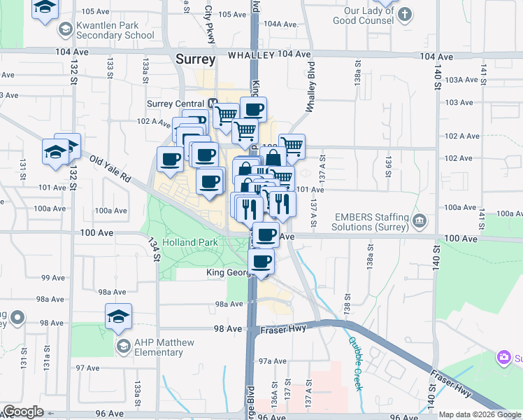 map of restaurants, bars, coffee shops, grocery stores, and more near 10070 King George Boulevard in Surrey