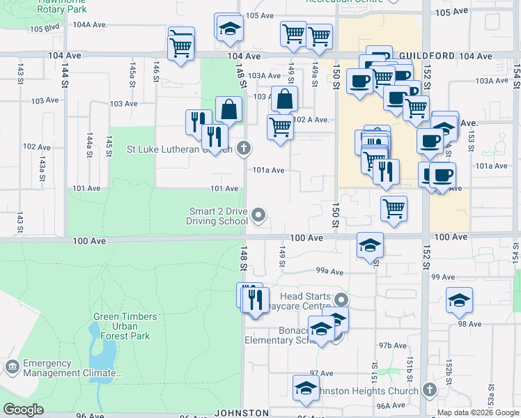 map of restaurants, bars, coffee shops, grocery stores, and more near in Surrey