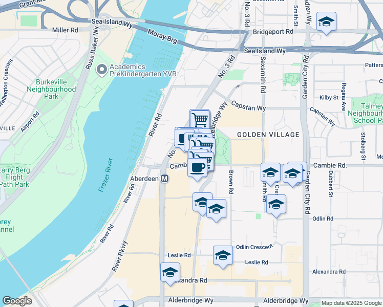 map of restaurants, bars, coffee shops, grocery stores, and more near 3360-4151 Hazelbridge Way in Richmond