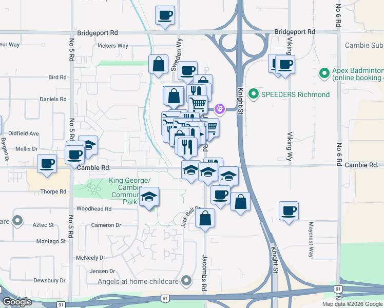 map of restaurants, bars, coffee shops, grocery stores, and more near 12860 Clarke Place in Richmond