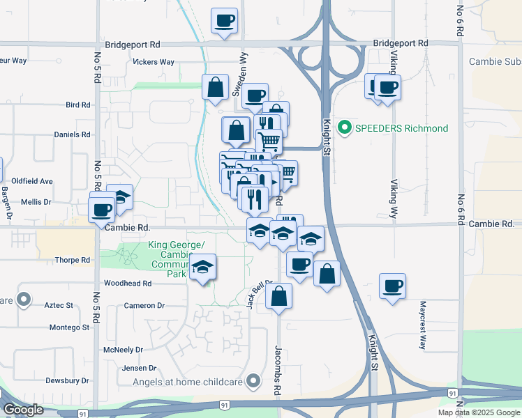 map of restaurants, bars, coffee shops, grocery stores, and more near 12860 Clarke Place in Richmond