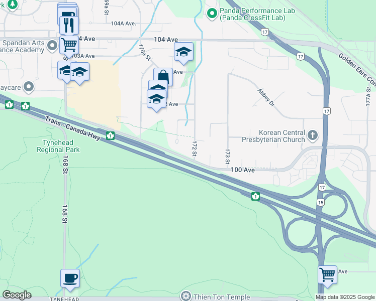 map of restaurants, bars, coffee shops, grocery stores, and more near 10045 172 Street in Surrey