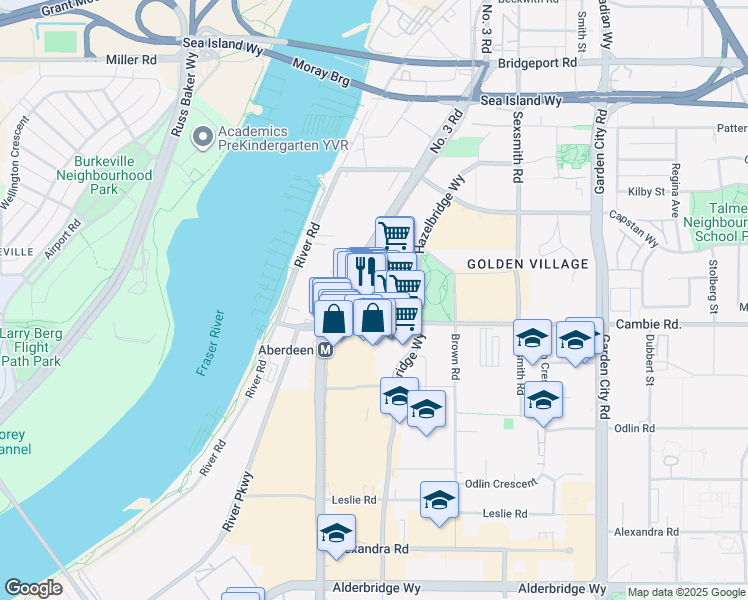 map of restaurants, bars, coffee shops, grocery stores, and more near 8181 Cambie Road in Richmond