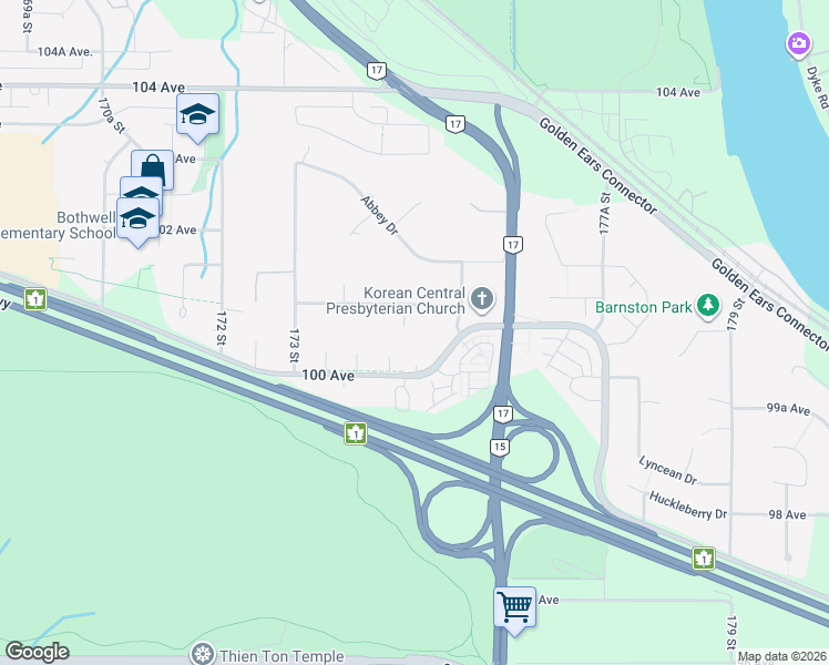 map of restaurants, bars, coffee shops, grocery stores, and more near 10062 174A Street in Surrey