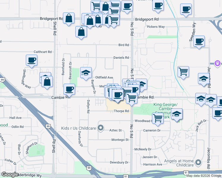 map of restaurants, bars, coffee shops, grocery stores, and more near 11820 Mellis Drive in Richmond