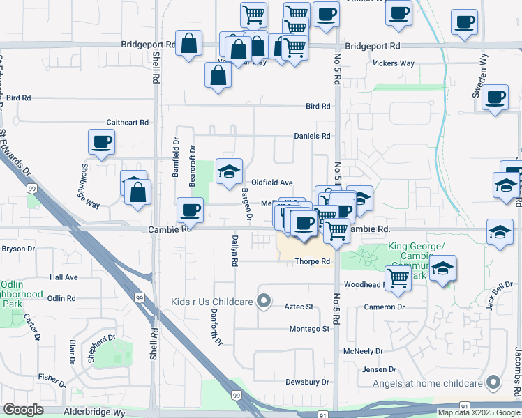 map of restaurants, bars, coffee shops, grocery stores, and more near 11700 Mellis Drive in Richmond