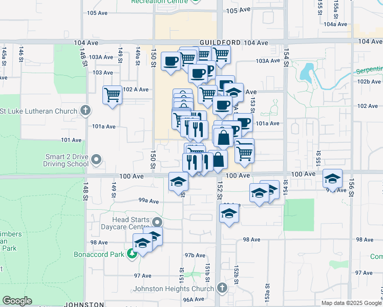 map of restaurants, bars, coffee shops, grocery stores, and more near in Surrey