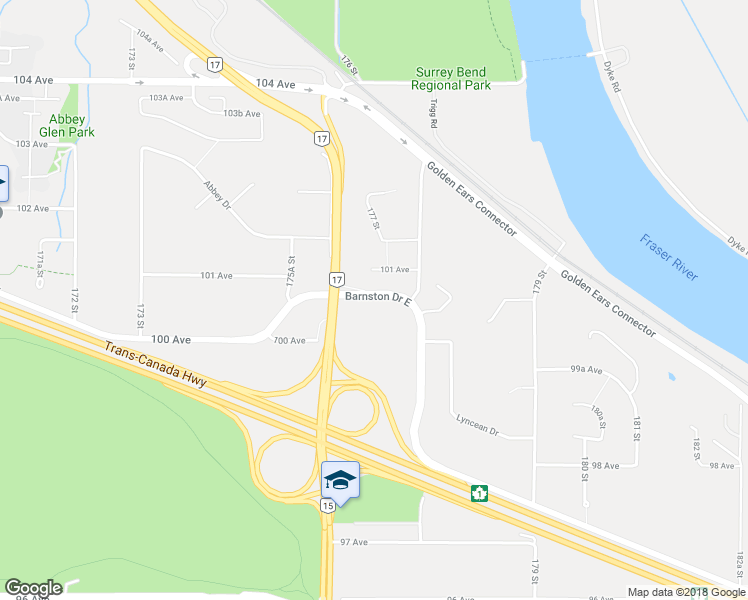 map of restaurants, bars, coffee shops, grocery stores, and more near 17626 Barnston Drive East in Surrey