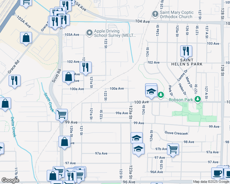 map of restaurants, bars, coffee shops, grocery stores, and more near 12240 100A Avenue in Surrey
