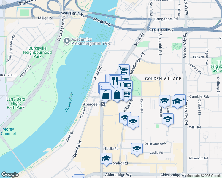 map of restaurants, bars, coffee shops, grocery stores, and more near 8181 Cambie Road in Richmond