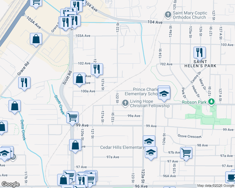 map of restaurants, bars, coffee shops, grocery stores, and more near 10055 122 Street in Surrey