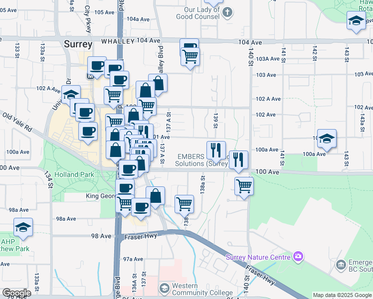 map of restaurants, bars, coffee shops, grocery stores, and more near in Surrey