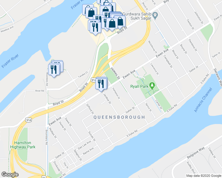 map of restaurants, bars, coffee shops, grocery stores, and more near 226 Hampton Street in New Westminster