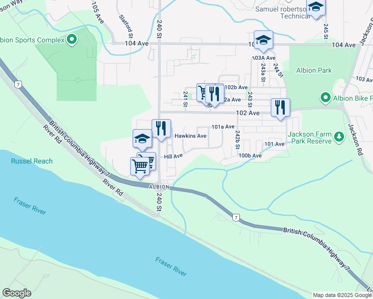 map of restaurants, bars, coffee shops, grocery stores, and more near 10068 241 Street in Maple Ridge