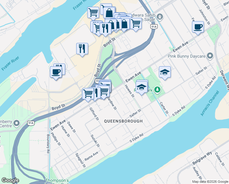 map of restaurants, bars, coffee shops, grocery stores, and more near 226 Hampton Street in New Westminster