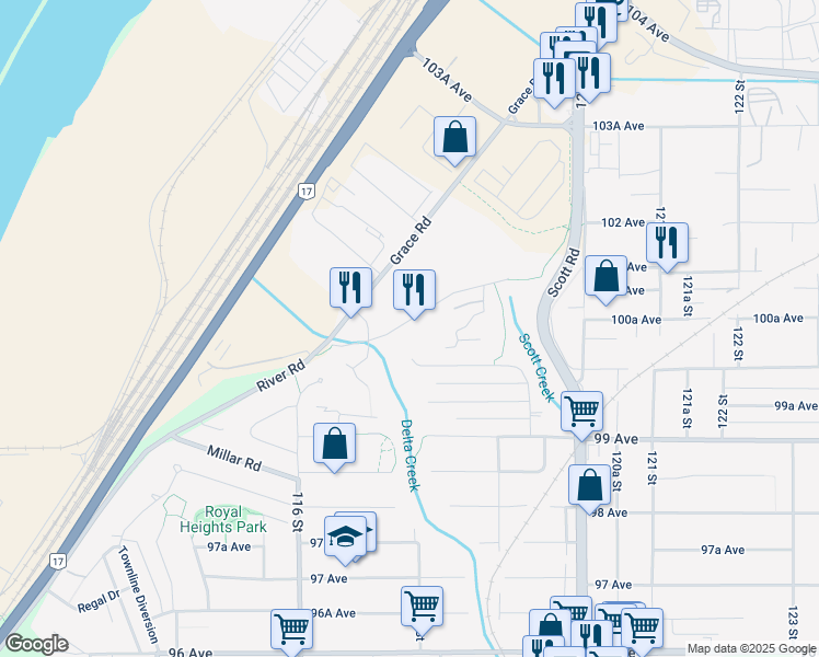 map of restaurants, bars, coffee shops, grocery stores, and more near 11756 River Road in Surrey