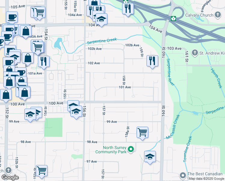map of restaurants, bars, coffee shops, grocery stores, and more near 10059 157A Street in Surrey