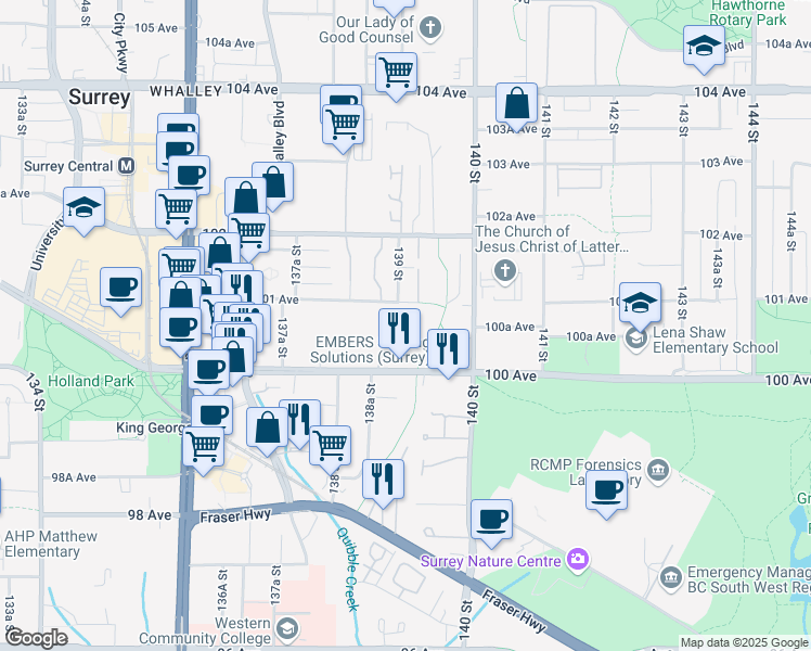 map of restaurants, bars, coffee shops, grocery stores, and more near 13910 101 Avenue in Surrey