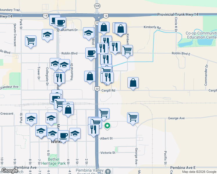 map of restaurants, bars, coffee shops, grocery stores, and more near 210 Cargill Road in Winkler