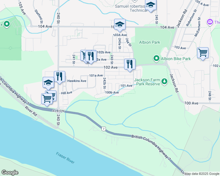 map of restaurants, bars, coffee shops, grocery stores, and more near 10091 243 Street in Maple Ridge