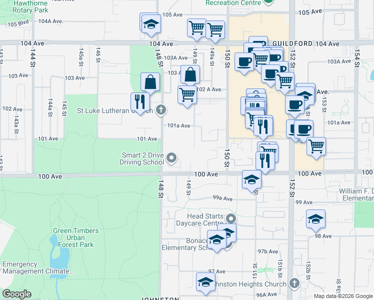 map of restaurants, bars, coffee shops, grocery stores, and more near 10088 148 Street in Surrey