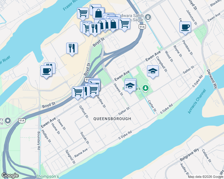 map of restaurants, bars, coffee shops, grocery stores, and more near 1010 Ewen Avenue in New Westminster