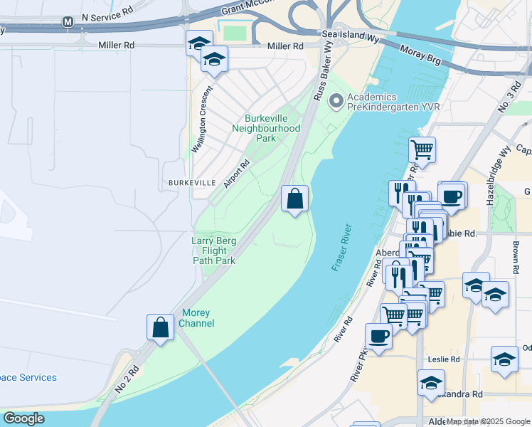 map of restaurants, bars, coffee shops, grocery stores, and more near Russ Baker Way in Richmond
