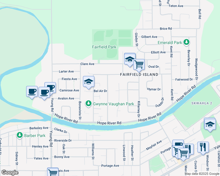 map of restaurants, bars, coffee shops, grocery stores, and more near 10136 Fairview Drive in Chilliwack