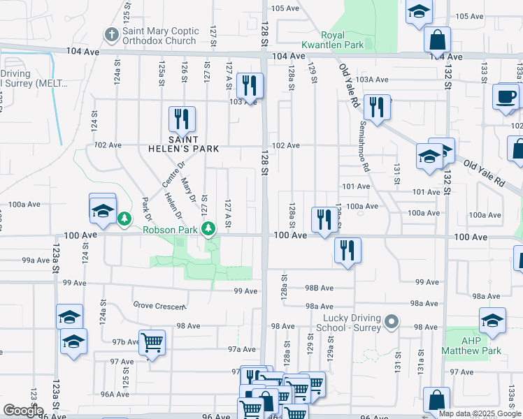 map of restaurants, bars, coffee shops, grocery stores, and more near 10035 128 Street in Surrey