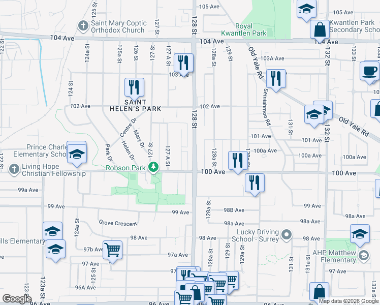 map of restaurants, bars, coffee shops, grocery stores, and more near 10055 128 Street in Surrey