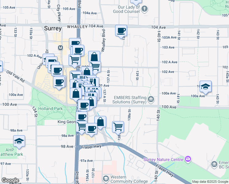 map of restaurants, bars, coffee shops, grocery stores, and more near 13784 101 Avenue in Surrey