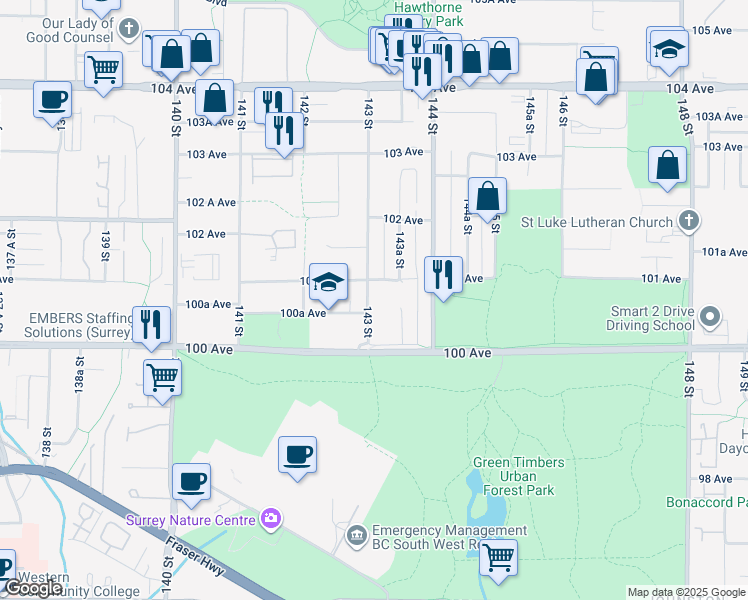 map of restaurants, bars, coffee shops, grocery stores, and more near 10068 143 Street in Surrey