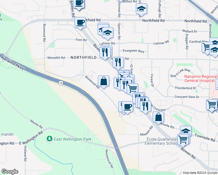 map of restaurants, bars, coffee shops, grocery stores, and more near 1960 Island Diesel Way in Nanaimo