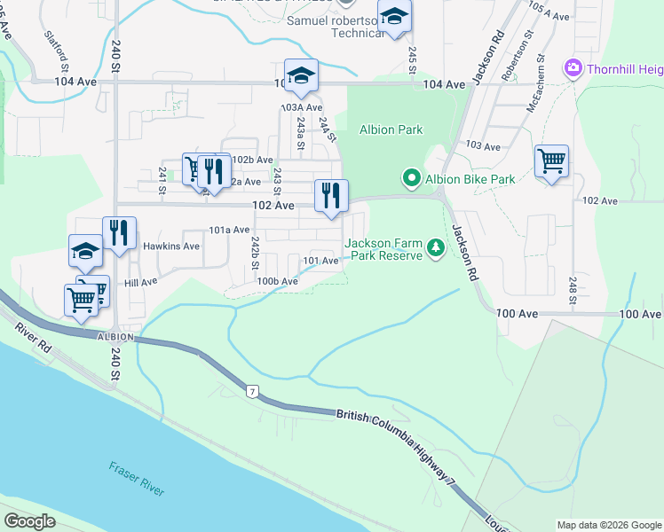 map of restaurants, bars, coffee shops, grocery stores, and more near 24386 101 Avenue in Maple Ridge