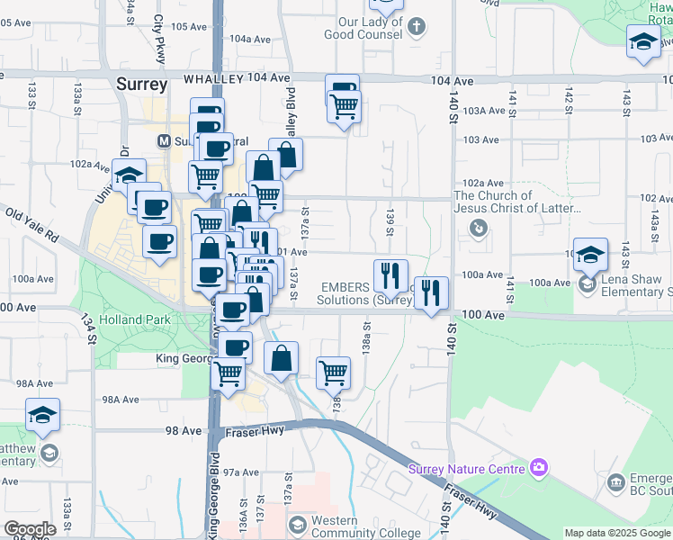 map of restaurants, bars, coffee shops, grocery stores, and more near 13819 100 Avenue in Surrey