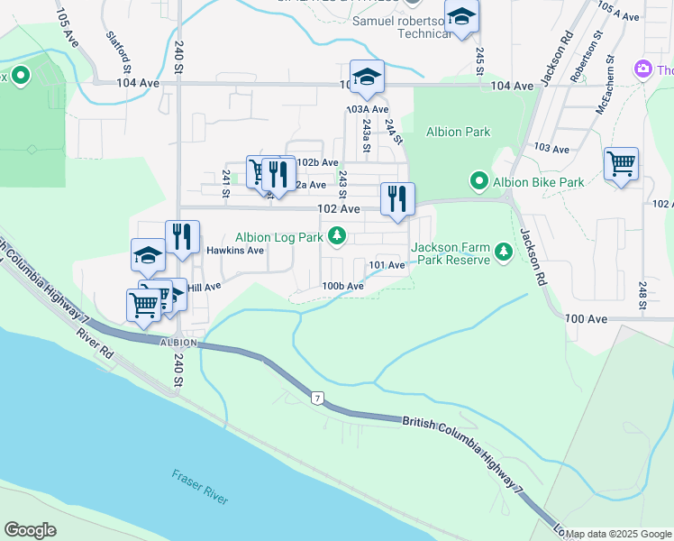 map of restaurants, bars, coffee shops, grocery stores, and more near 10095 243 Street in Maple Ridge