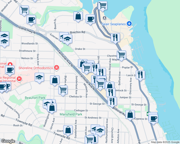 map of restaurants, bars, coffee shops, grocery stores, and more near 1533 Estevan Road in Nanaimo